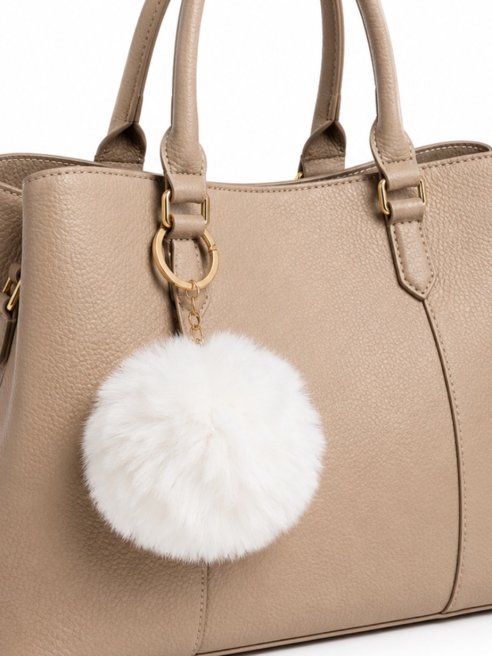 🌺 Nicole Big Fuzzy White Pom Pom Keychain Charm W/ Gold Ring